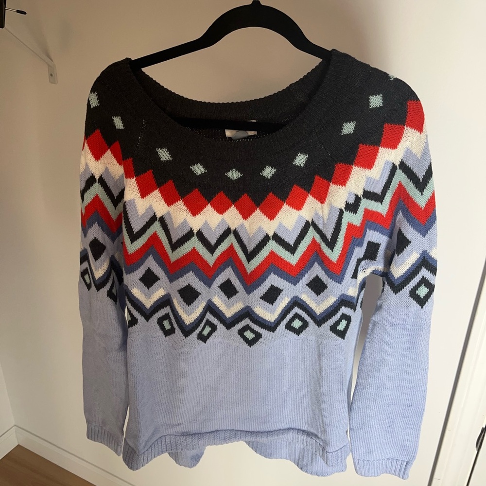 Old Navy Black and Red Crew Neck Sweater with Nordic Pattern
